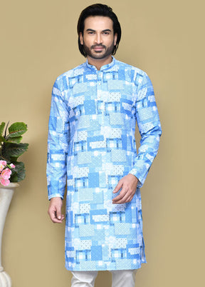 2 Pc Sky Blue Cotton Kurta Pajama Set