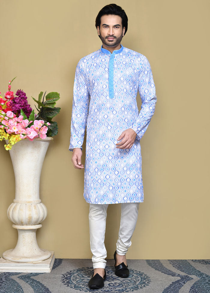 2 Pc Sky Blue Cotton Kurta Pajama Set