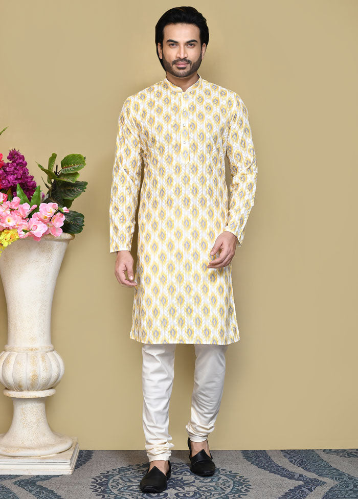 2 Pc Yellow Cotton Kurta Pajama Set