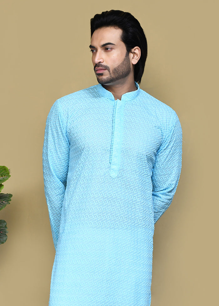 2 Pc Sky Blue Cotton Kurta Pajama Set