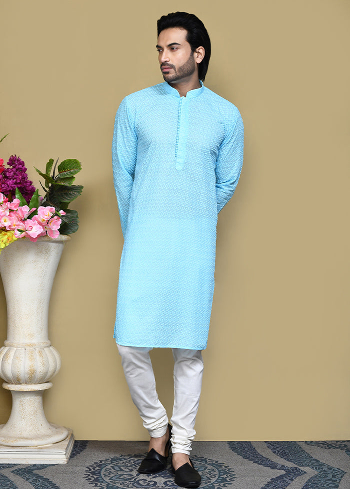 2 Pc Sky Blue Cotton Kurta Pajama Set