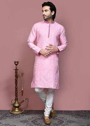 2 Pc Pink Silk Kurta Pajama Set