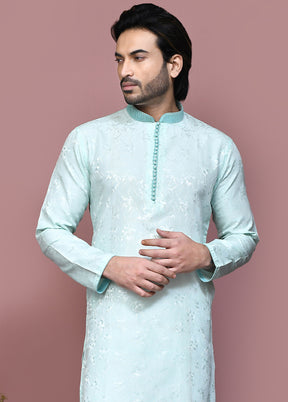 2 Pc Sea Green Silk Kurta Pajama Set