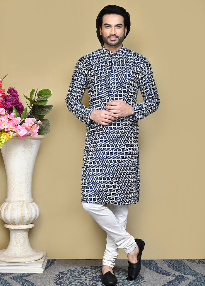 2 Pc Navy Blue Cotton Kurta Pajama Set