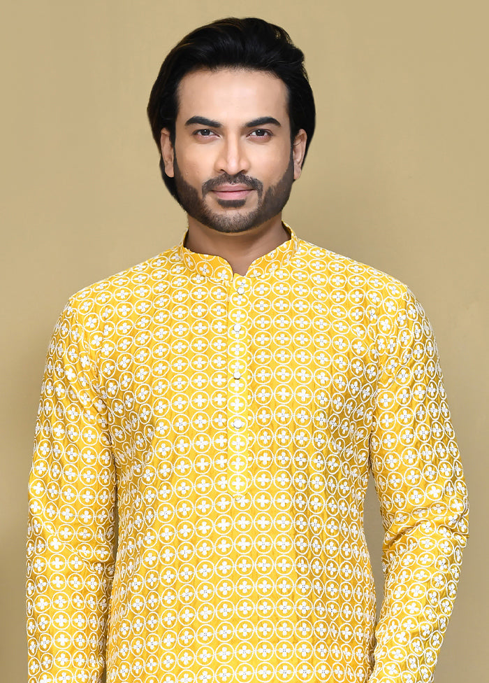 2 Pc Yellow Cotton Kurta Pajama Set