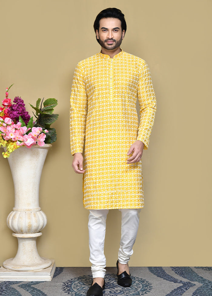 2 Pc Yellow Cotton Kurta Pajama Set