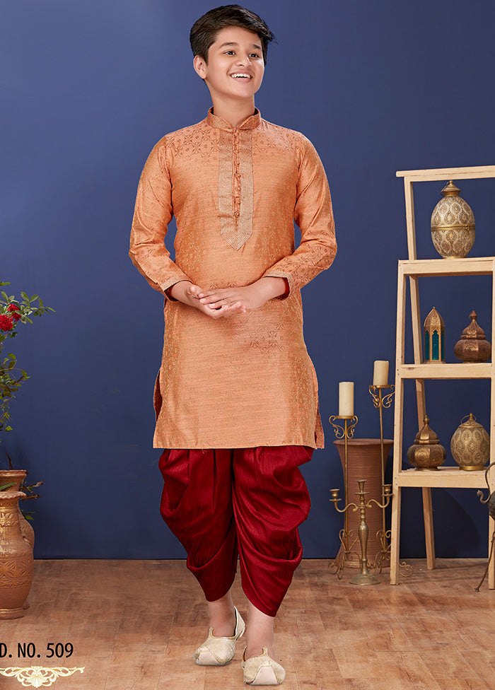 Peach Jacquard Silk Kurta Pajama Set - Indian Silk House Agencies