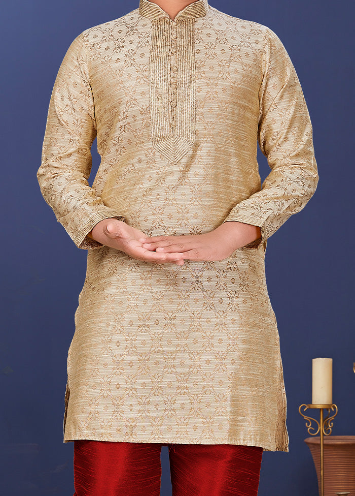 Beige Jacquard Silk Kurta Pajama Set - Indian Silk House Agencies