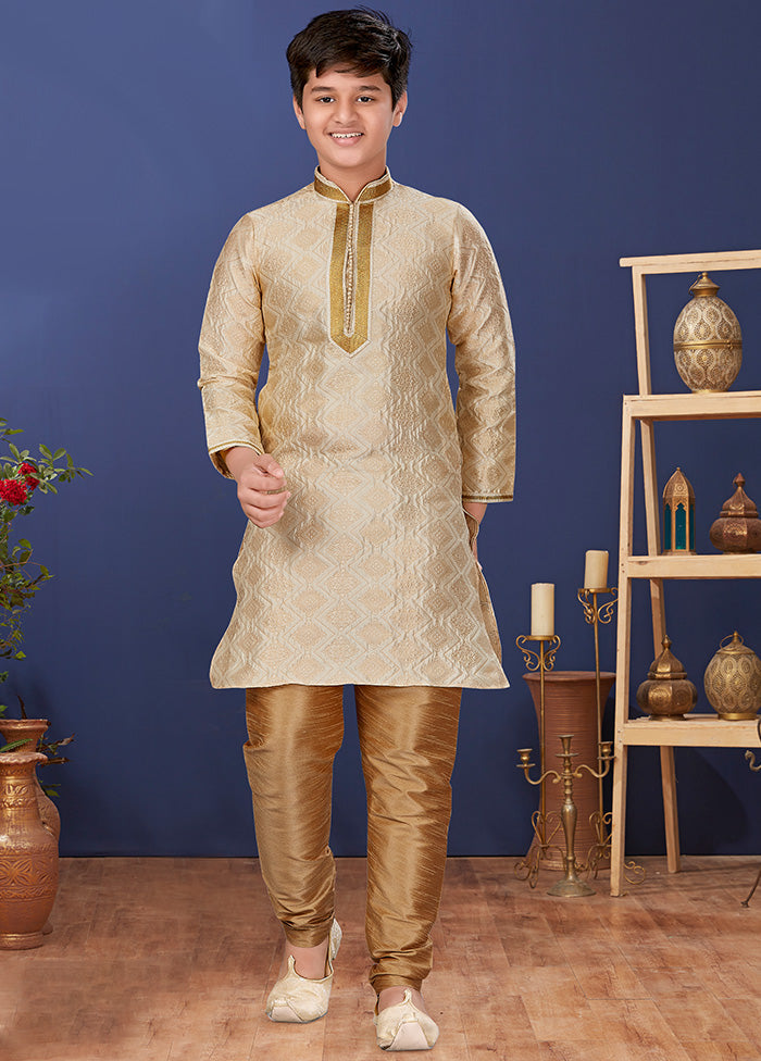 Beige Jacquard Silk Kurta Pajama Set - Indian Silk House Agencies