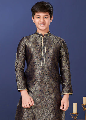 Black Jacquard Silk Kurta Pajama Set - Indian Silk House Agencies