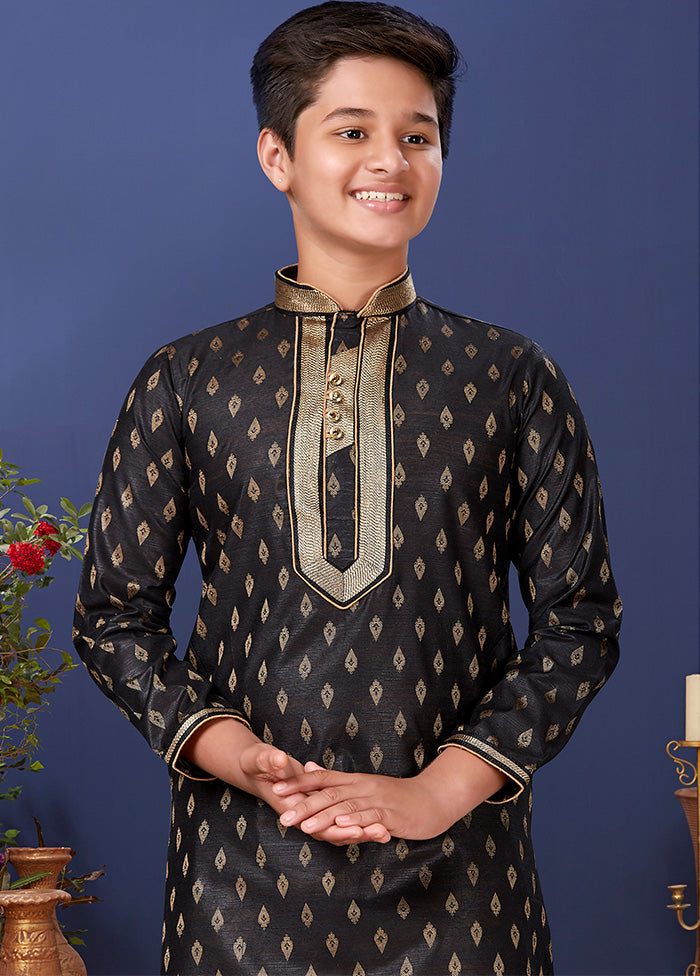 Black Jacquard Silk Kurta Pajama Set - Indian Silk House Agencies