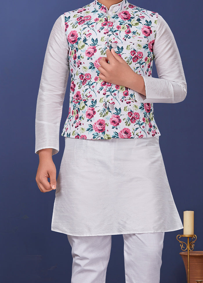 White Zari Woven Kurta Pajama With Jacket Set With Jacket - Indian Silk House Agencies