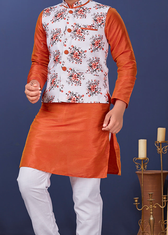 Orange Zari Woven Kurta Pajama With Jacket Set With Jacket - Indian Silk House Agencies