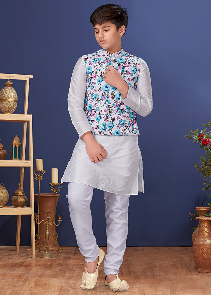 Off White Zari Woven Kurta Pajama With Jacket Set With Jacket - Indian Silk House Agencies