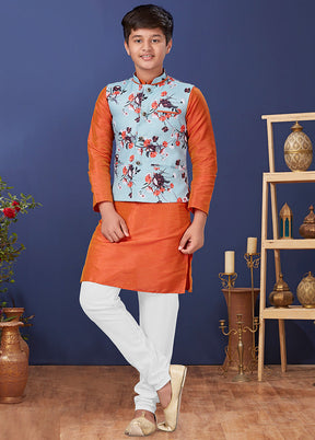 Orange Zari Woven Kurta Pajama With Jacket Set With Jacket - Indian Silk House Agencies