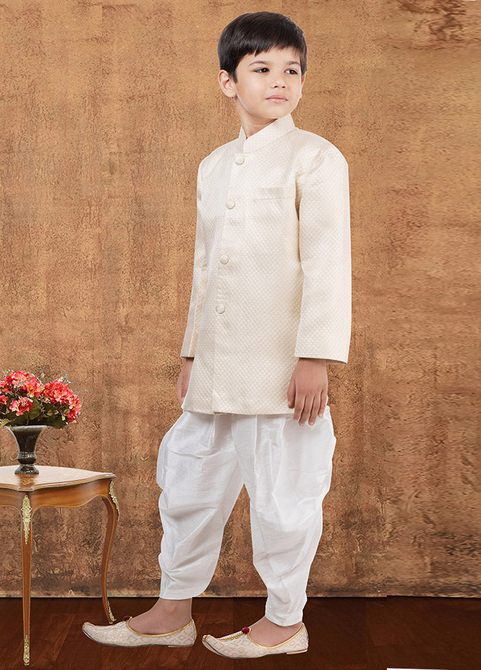 2 Pc Cream Jacquard Silk Kurta Dhoti Set - Indian Silk House Agencies