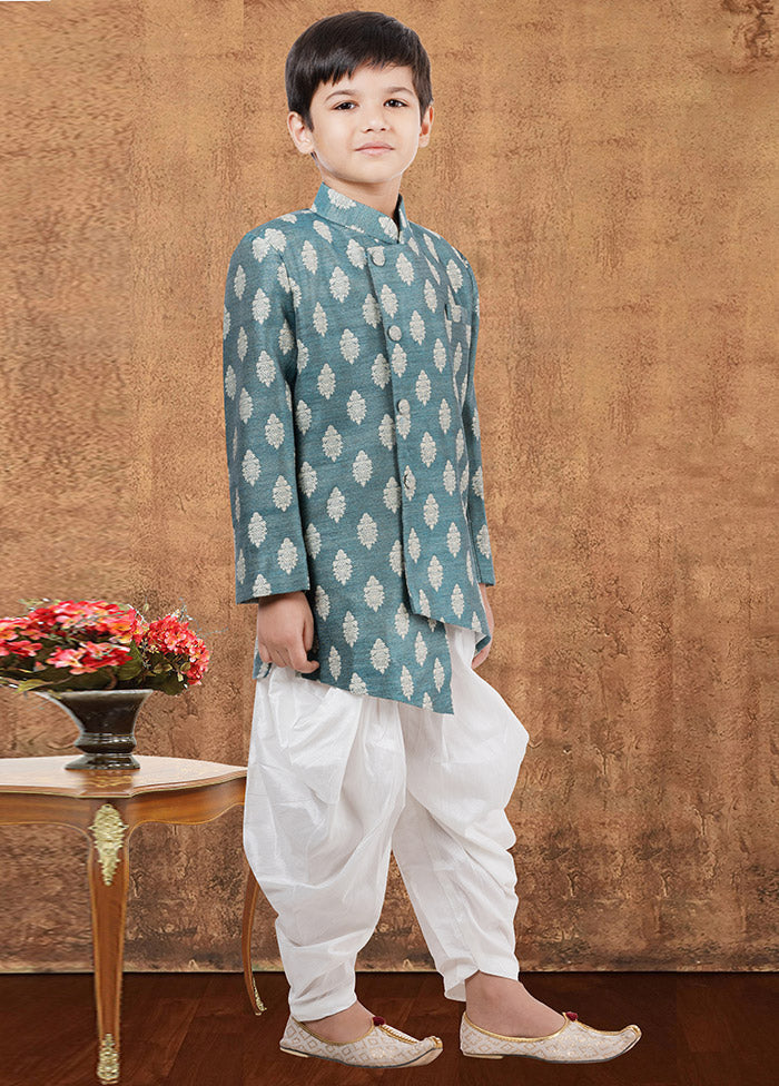 2 Pc Blue Jacquard Silk Kurta Dhoti Set - Indian Silk House Agencies