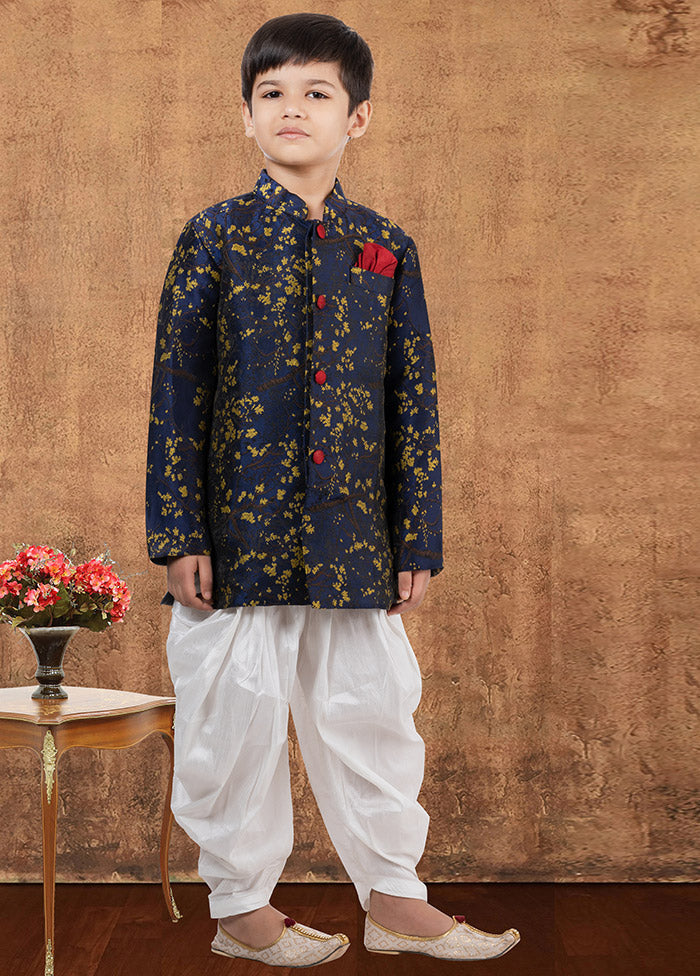 2 Pc Dark Blue Jacquard Silk Kurta Dhoti Set - Indian Silk House Agencies