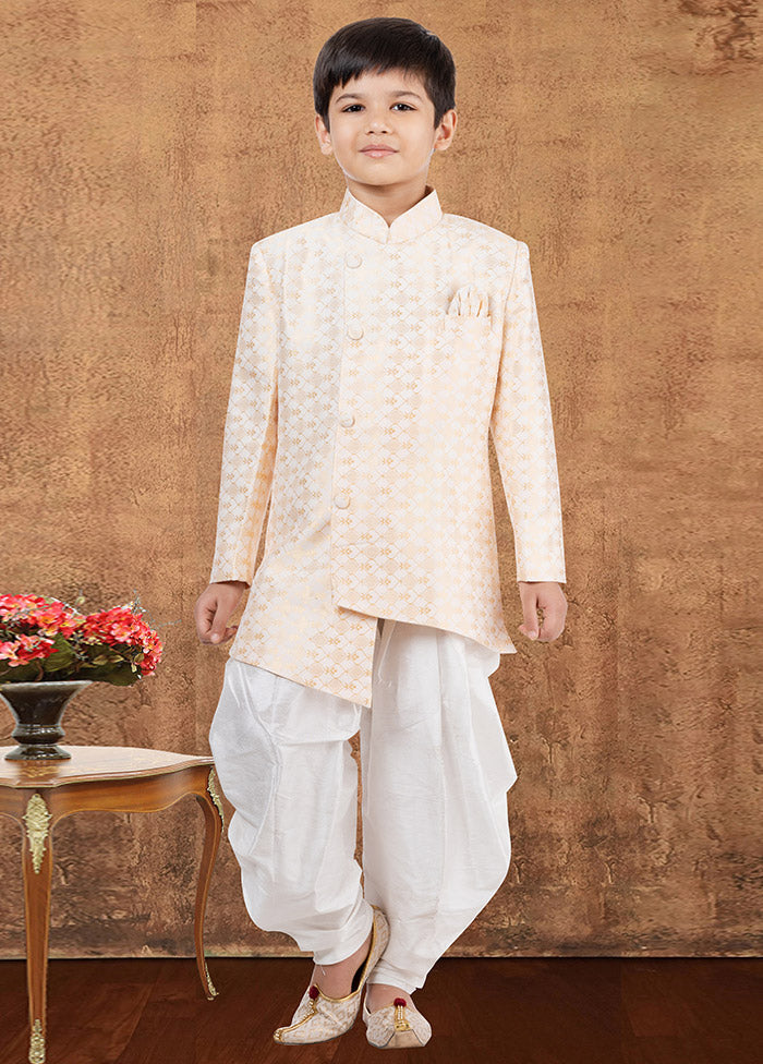 2 Pc Cream Jacquard Silk Kurta Dhoti Set - Indian Silk House Agencies