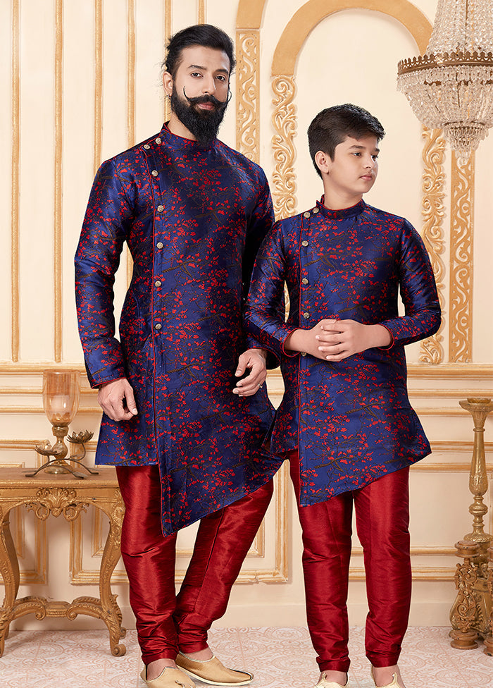 2 Pc Blue Silk Father And Son Combo Set