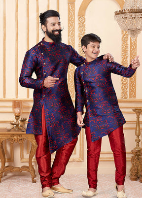 2 Pc Blue Silk Father And Son Combo Set