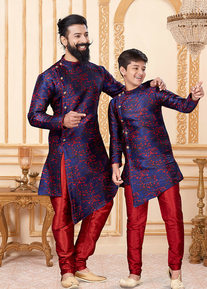 2 Pc Blue Silk Father And Son Combo Set