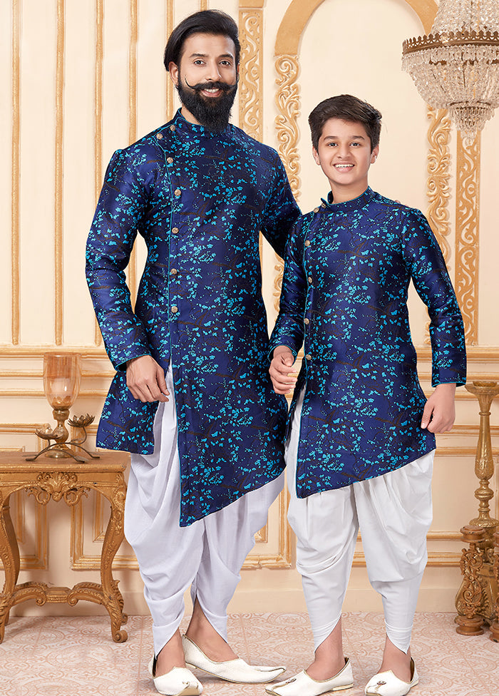 2 Pc Blue Silk Father And Son Combo Set