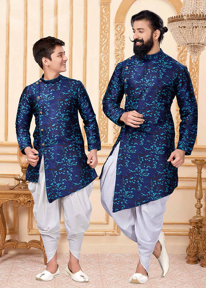 2 Pc Blue Silk Father And Son Combo Set