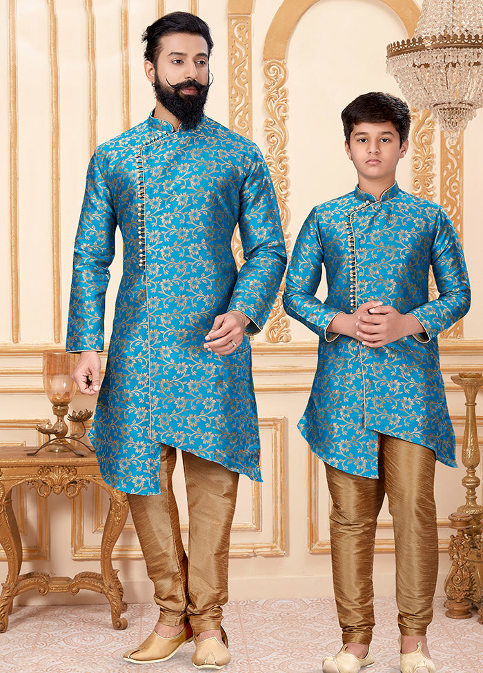 2 Pc Blue Silk Father And Son Combo Set