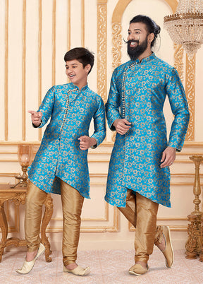 2 Pc Blue Silk Father And Son Combo Set