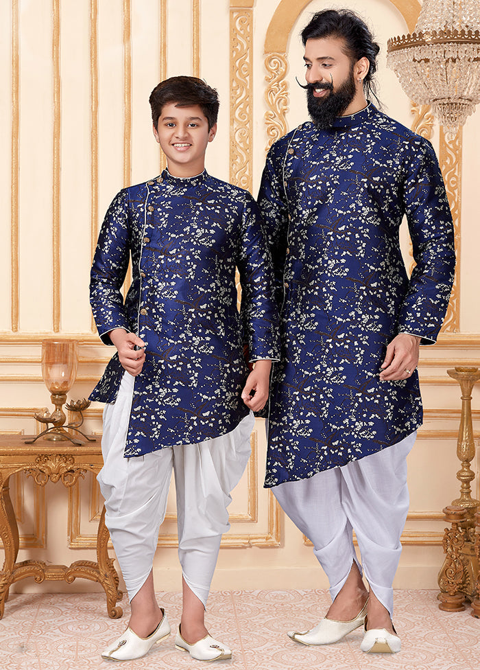 2 Pc Blue Silk Father And Son Combo Set