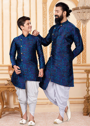 2 Pc Blue Silk Father And Son Combo Set
