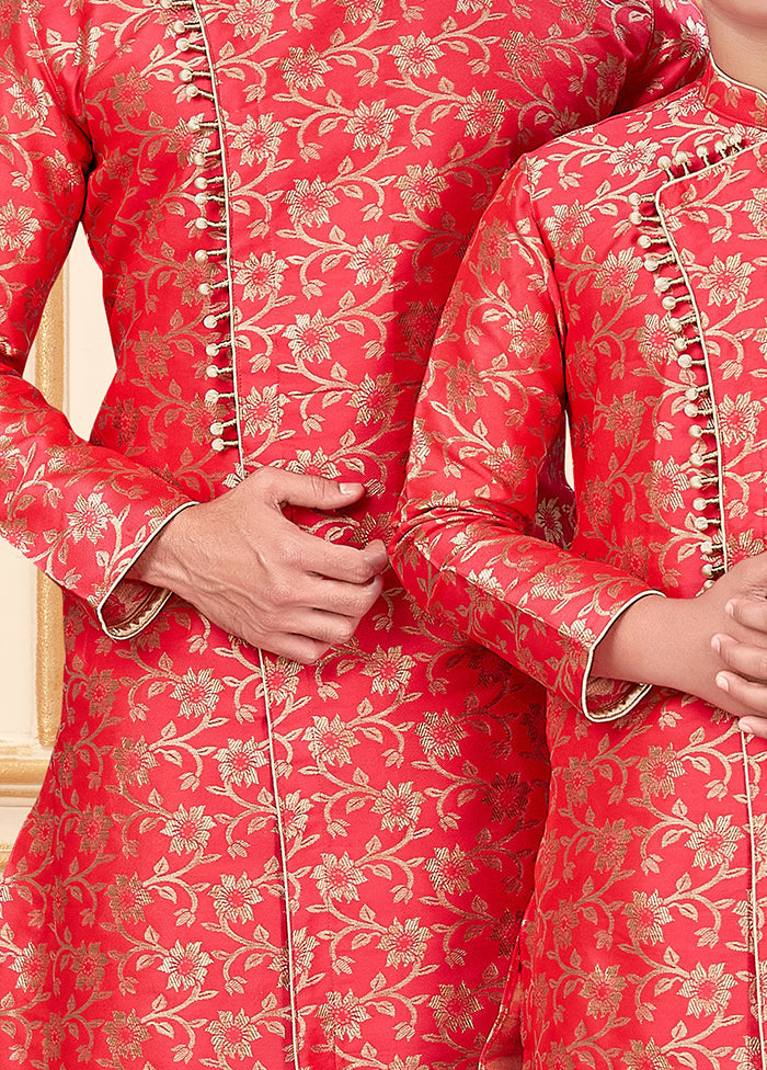 2 Pc Pink Silk Father And Son Combo Set