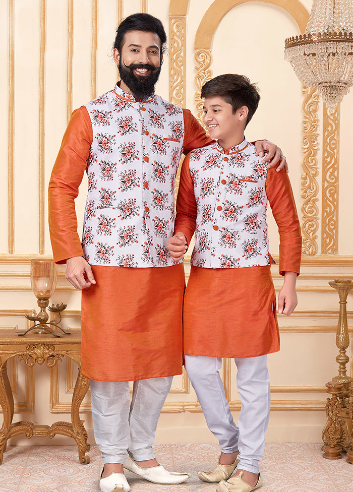 3 Pc White Dupion Silk Father And Son Combo Set