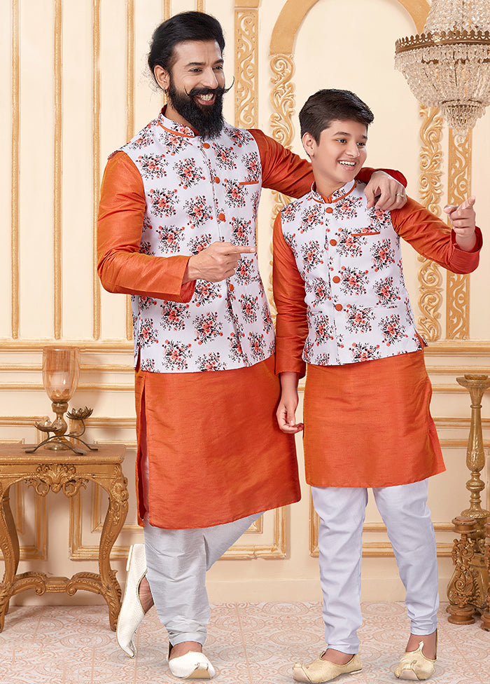 3 Pc White Dupion Silk Father And Son Combo Set