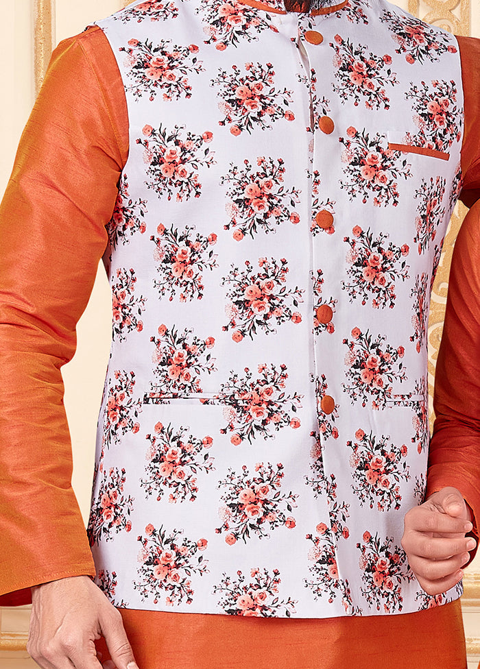 3 Pc White Dupion Silk Father And Son Combo Set