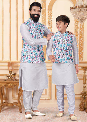 3 Pc White Dupion Silk Father And Son Combo Set