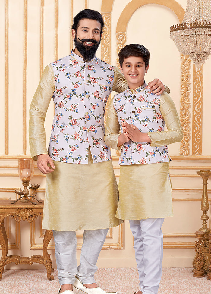 3 Pc White Dupion Silk Father And Son Combo Set