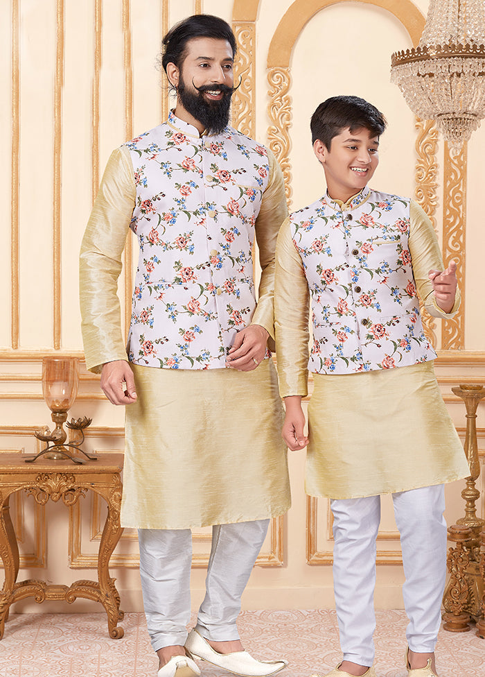 3 Pc White Dupion Silk Father And Son Combo Set
