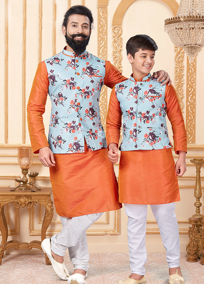 3 Pc Blue Dupion Silk Father And Son Combo Set