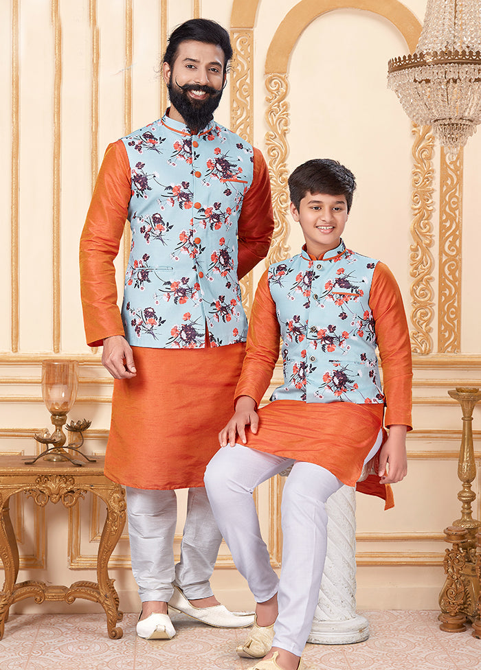 3 Pc Blue Dupion Silk Father And Son Combo Set