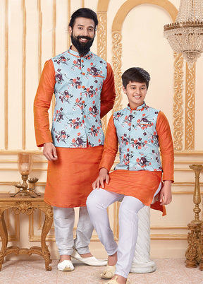3 Pc Blue Dupion Silk Father And Son Combo Set
