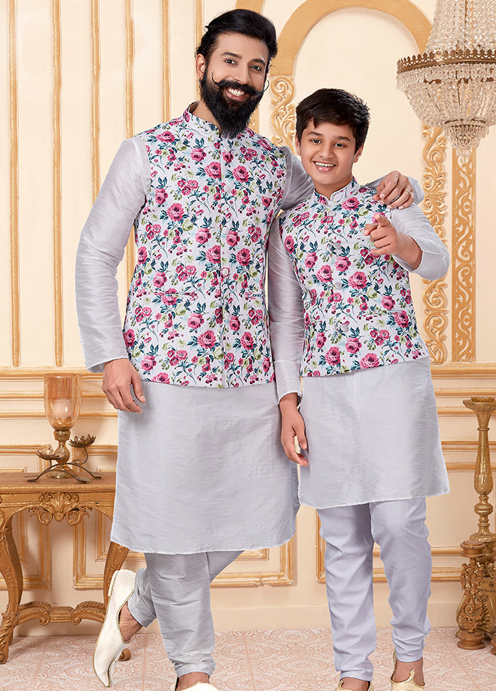 3 Pc White Dupion Silk Father And Son Combo Set