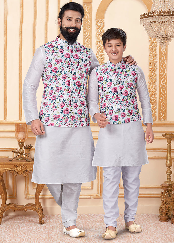 3 Pc White Dupion Silk Father And Son Combo Set