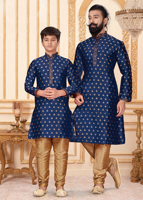2 Pc Blue Silk Father And Son Combo Set