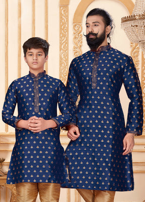 2 Pc Blue Silk Father And Son Combo Set