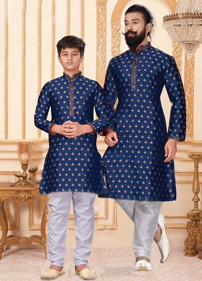 2 Pc Blue Silk Father And Son Combo Set