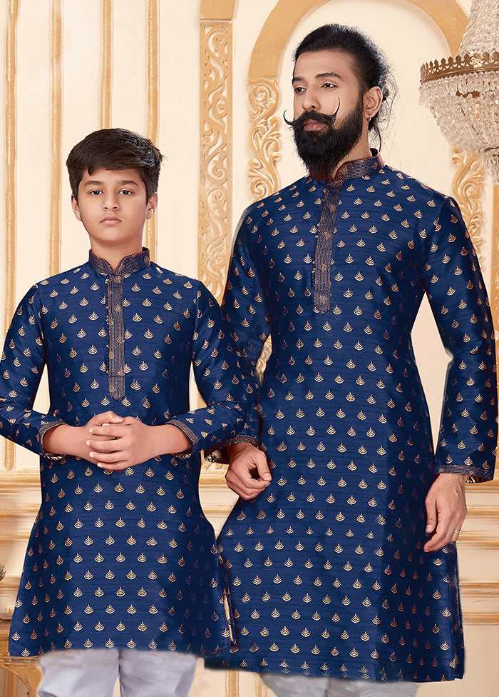 2 Pc Blue Silk Father And Son Combo Set