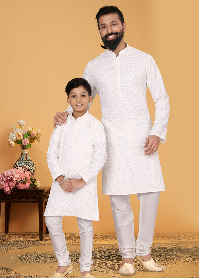 2 Pc White Georgette Father And Son Combo Set