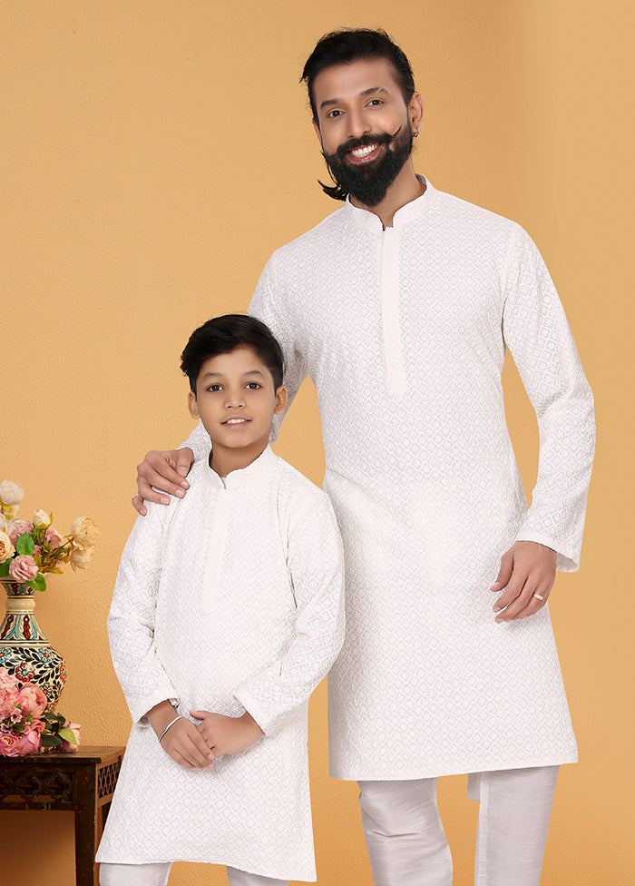 2 Pc White Georgette Father And Son Combo Set